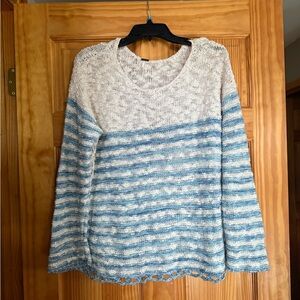 Free People Cream and Blue Striped Crew Neck Top